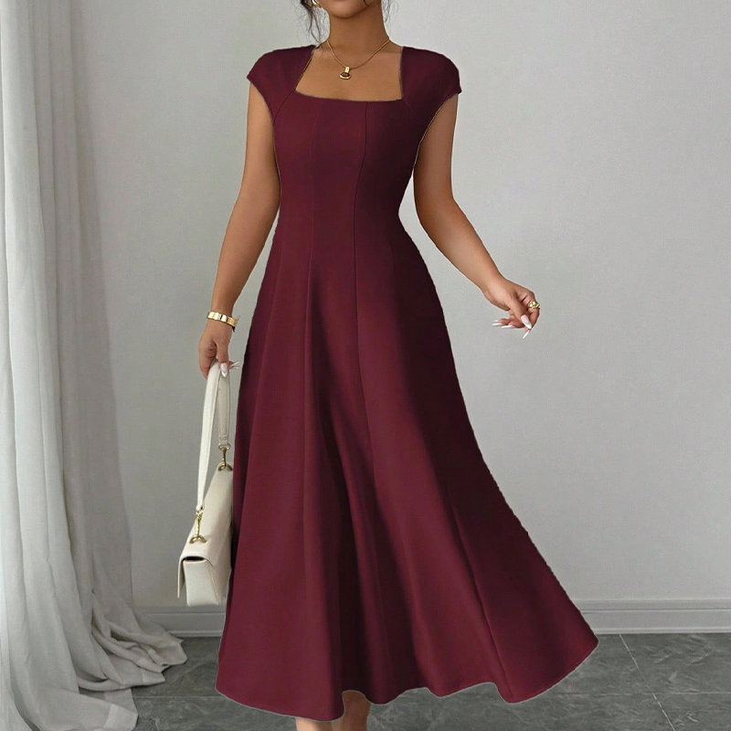 Robe longue élégante à col carré, coupe trapèze ajustée pour femme