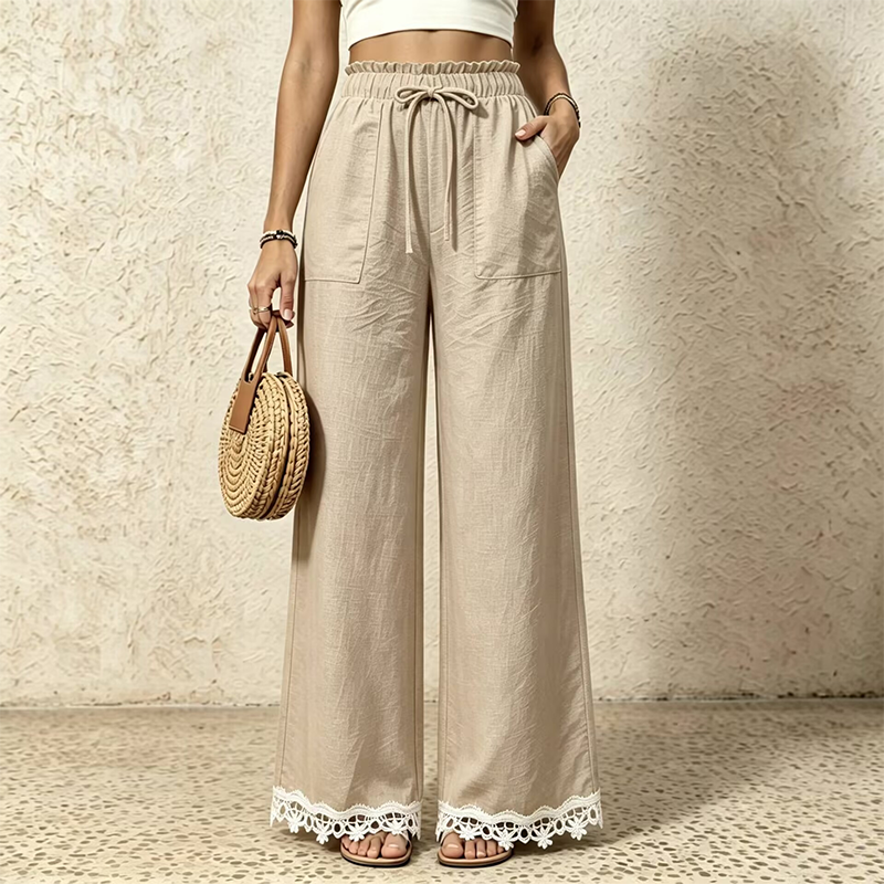 Pantalon pour femme en lin, à jambes larges et bordé de dentelle à l'ourlet