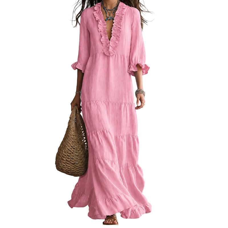 🌸👗 Robe maxi étagée col V – Manches volantées, tissu fluide ultra-léger, silhouette aérienne pour un été élégant à la plage comme en soirée 🌊🌙