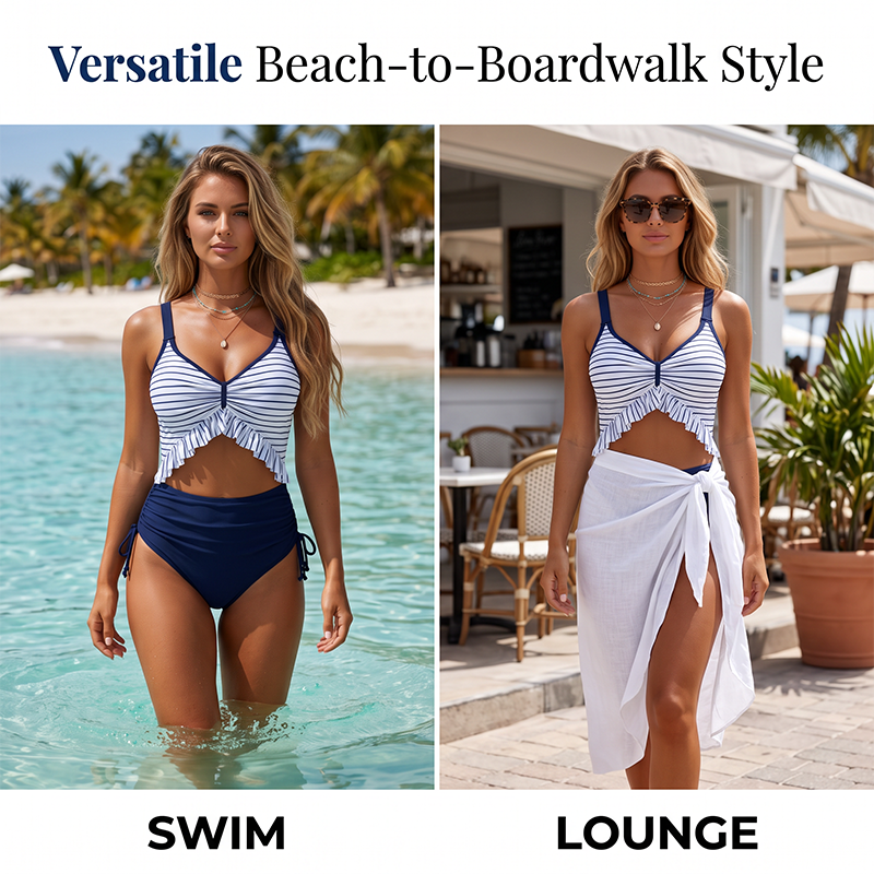 Maillot de Bain Deux Pièces Taille Haute à Volants pour Femme