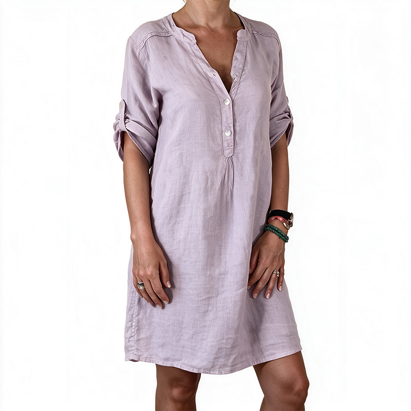 Robe d'été à col en V et manches roulées pour femme