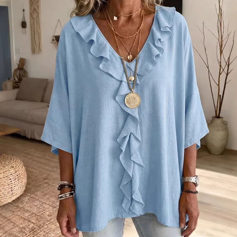 Blouse décontractée à col en V avec bordure à volants pour femme