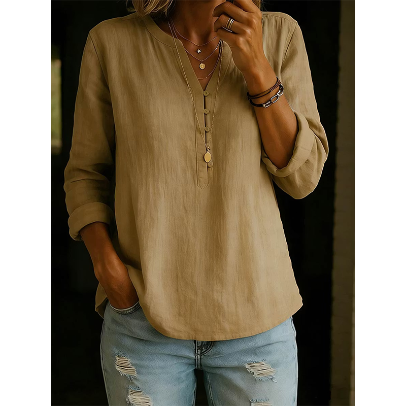 Chemise décontractée en coton et lin à col en V boutonnée à manches longues