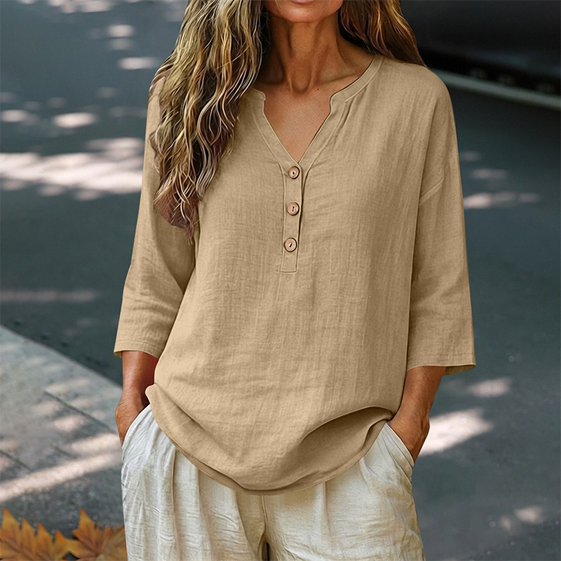 Blouse décontractée à col en V et manches 3/4 pour femme
