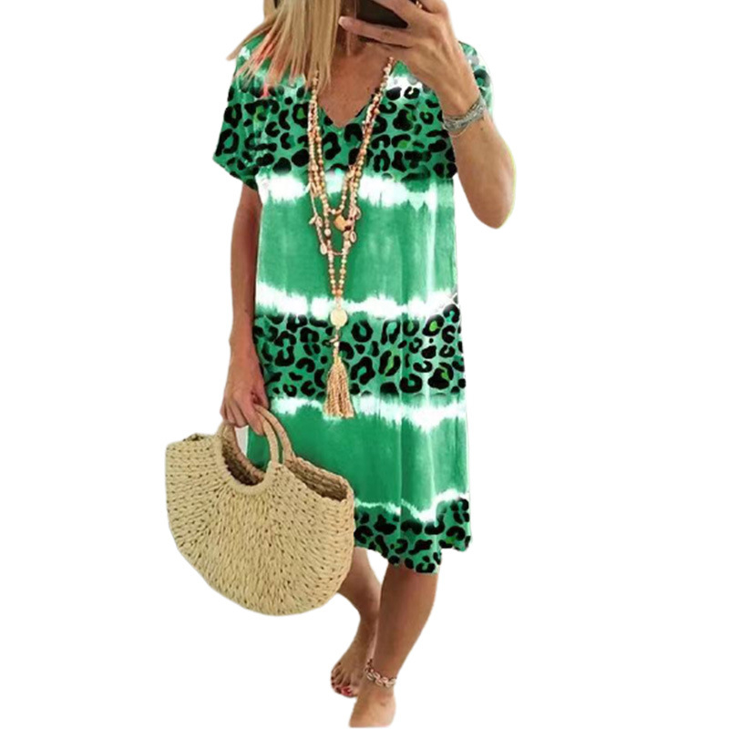 Robe Col V Casual Imprimé Tie-Dye Léopard Femme