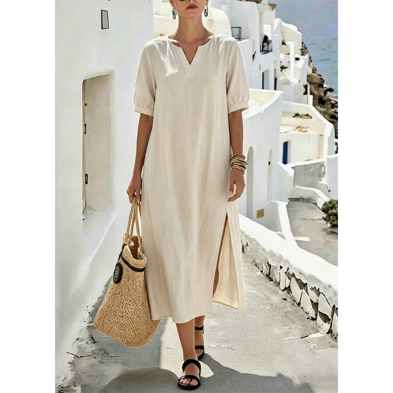 👗 Robe longue en lin à col en V avec fentes sur les côtés