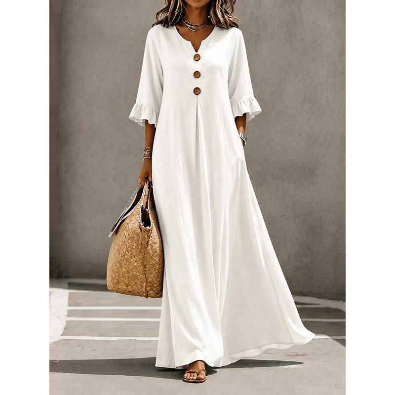 Robe longue à col en V et manches à volants pour femme