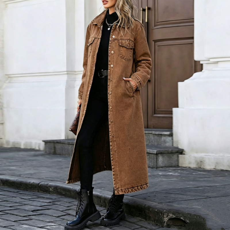 Manteau en jean long décontracté pour femme, à boutons