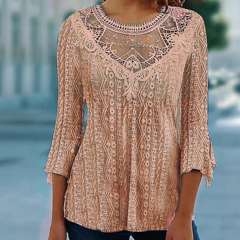 Blouse décontractée pour femme à manches 3/4 avec patchwork en dentelle ajourée