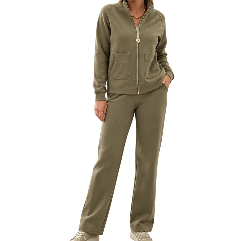 Ensemble de survêtement deux pièces pour femme en mélange de coton épais, avec veste zippée et pantalon large