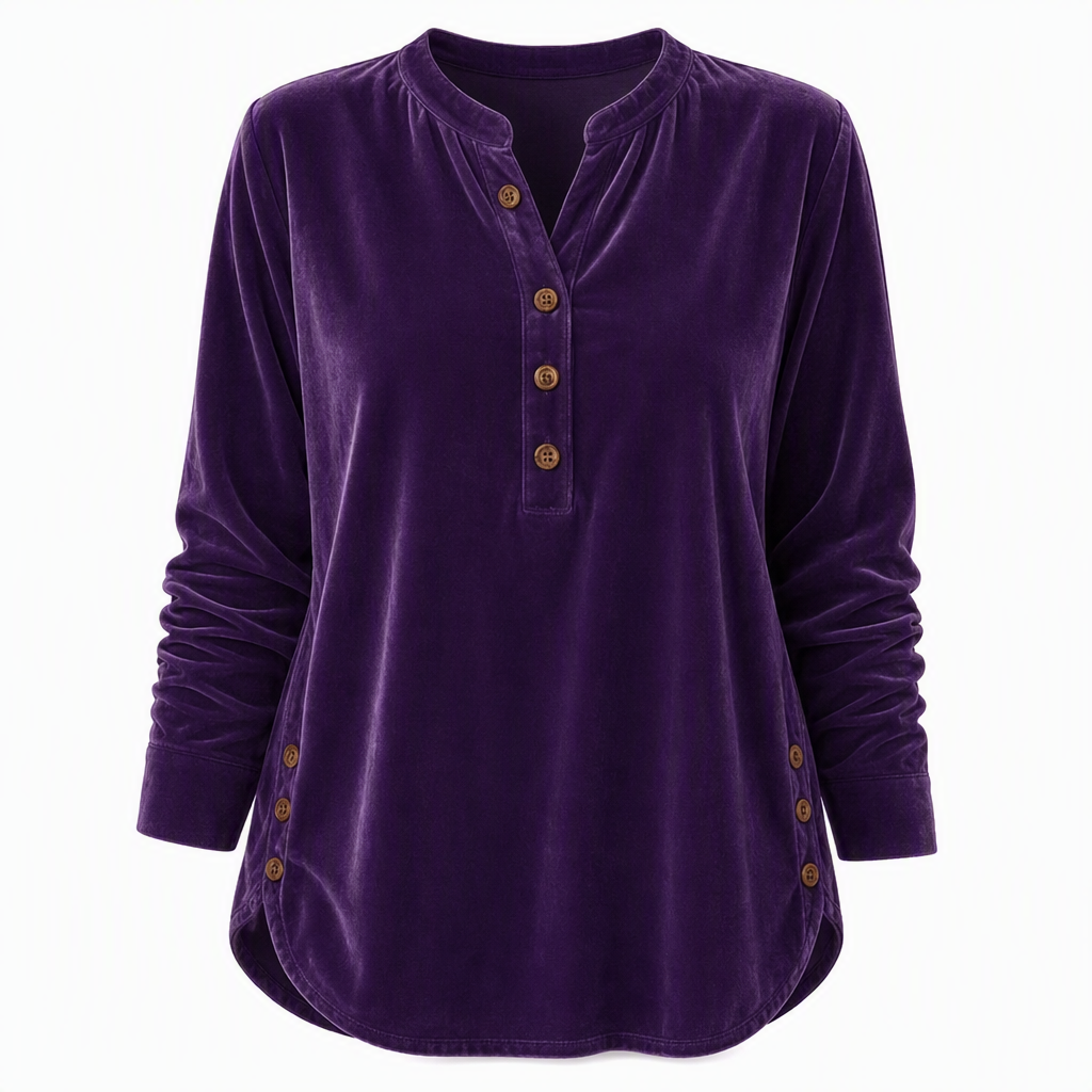 T-shirt décontracté à manches longues en velours ample pour femme, avec col V boutonné