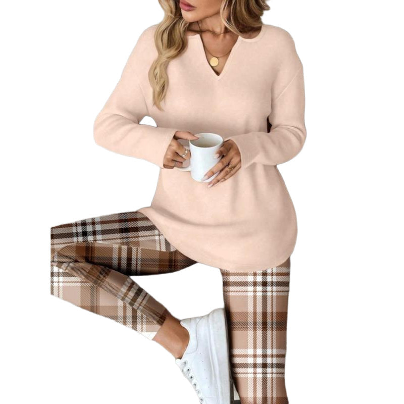 Ensemble haut en maille et legging à carreaux pour femme