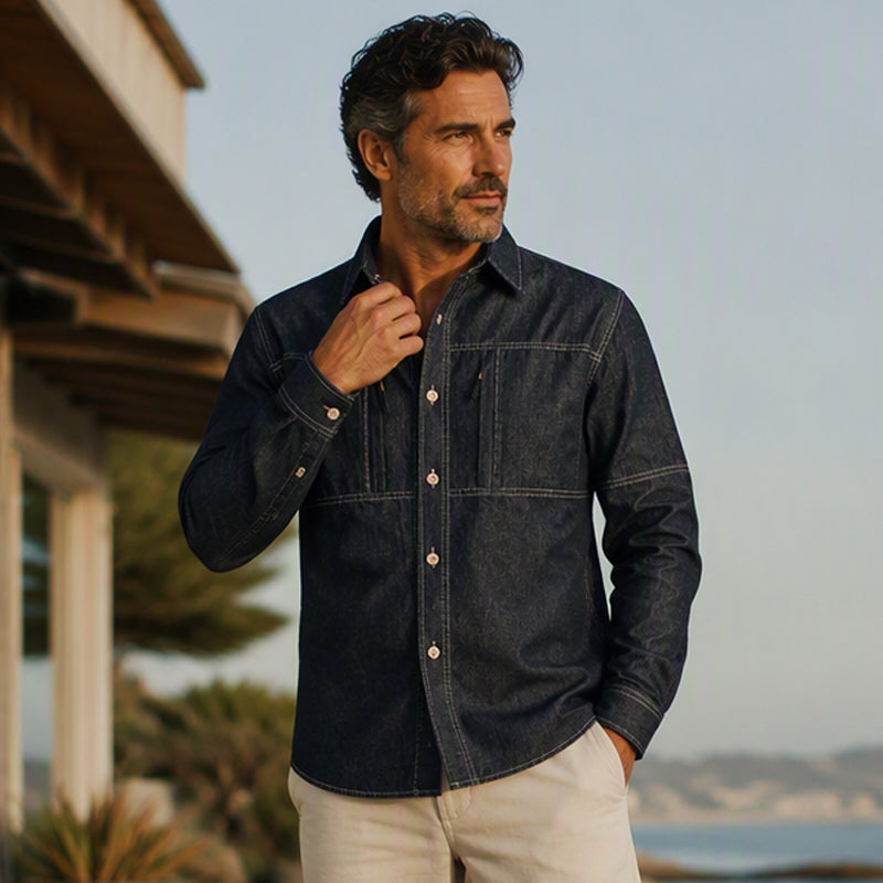 Chemise en jean décontractée pour homme avec poches zippées