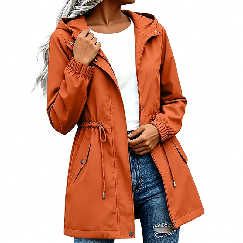 Veste coupe-vent à capuche mi-longue pour femme