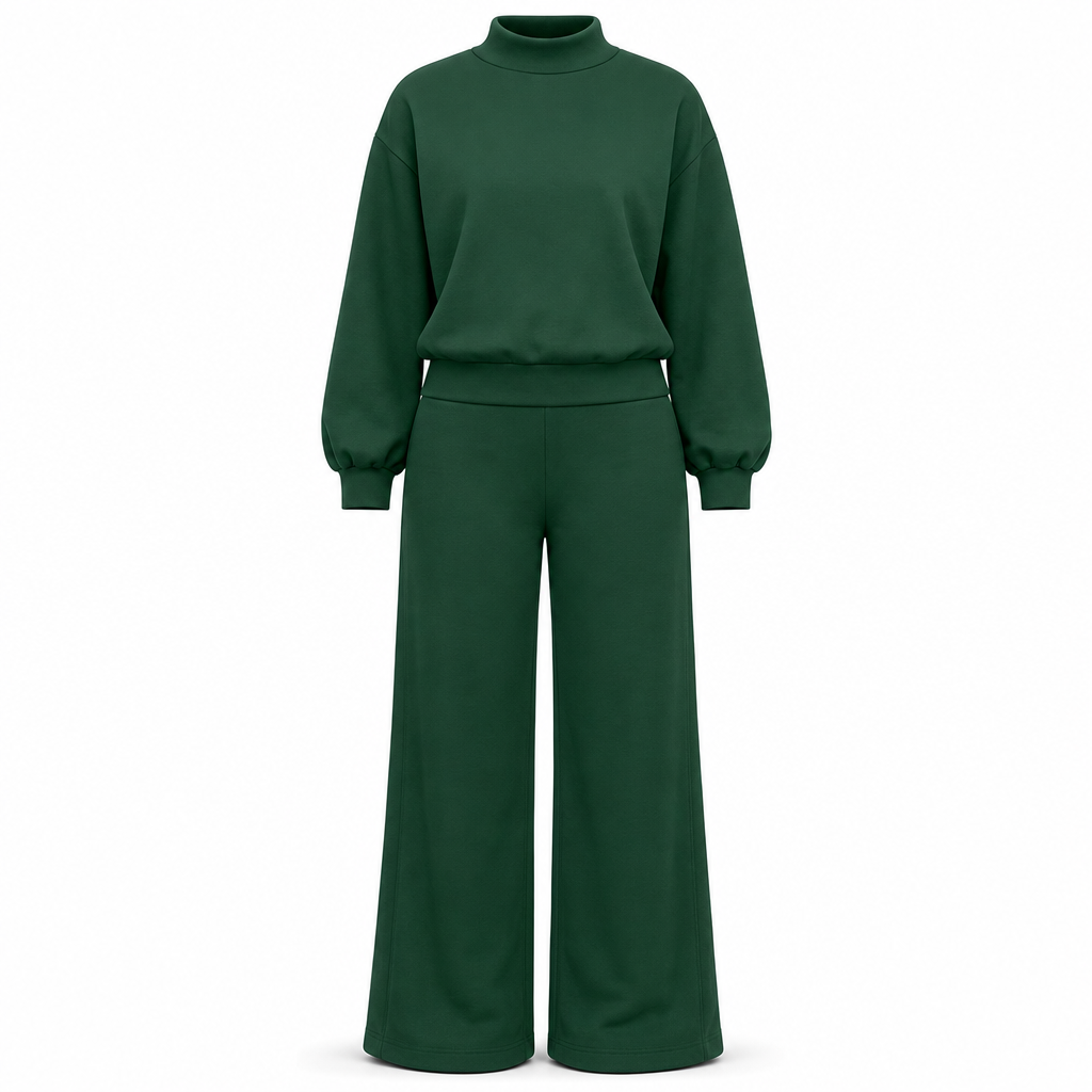 🔥 50% de réduction 🔥Ensemble de détente en maille deux pièces décontracté pour femmes, avec sweat-shirt à manches longues et col montant et pantalon taille haute à jambes larges