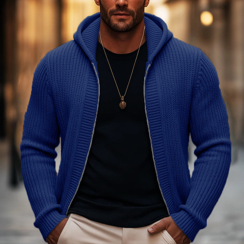 🎁Soldes ! Prix cassés🌍Pull en maille à capuche et à fermeture éclair décontracté pour homme
