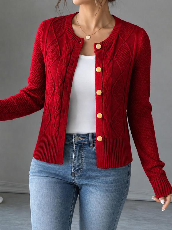 ⏳Liquidation totale⏳Cable Knit Crewneck Cardigan Sweater with Gold Buttons