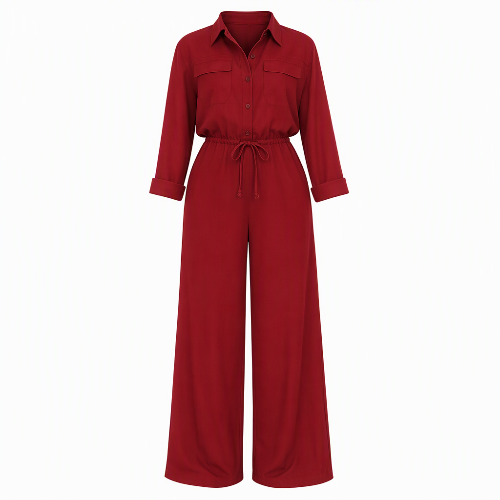 Combinaison femme unicolore à col revers et style chemise, avec lien à la taille pour une tenue décontractée de bureau