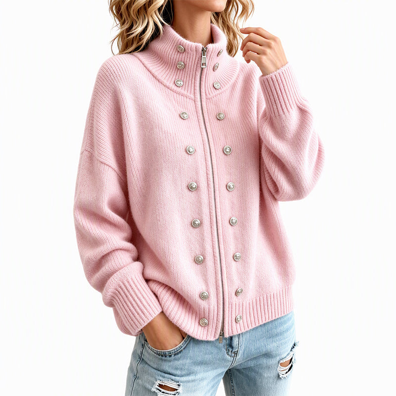 Cardigan en tricot à col montant et double boutonnage pour femmes