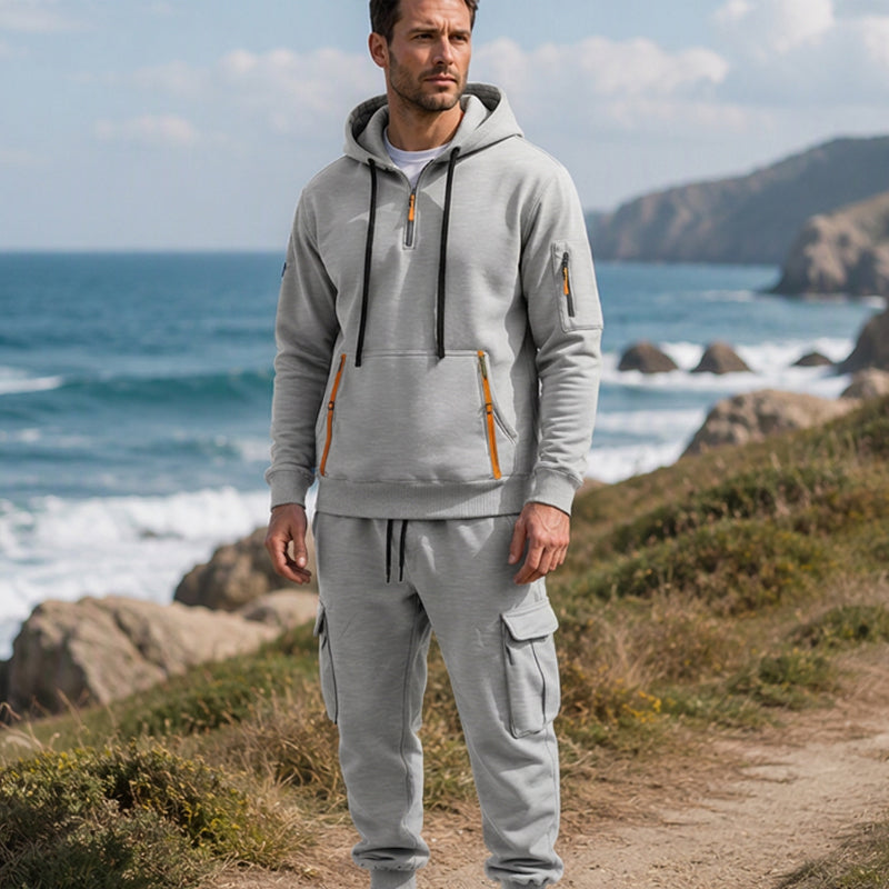 Ensemble à capuche mi-zip et pantalon cargo chaud pour homme