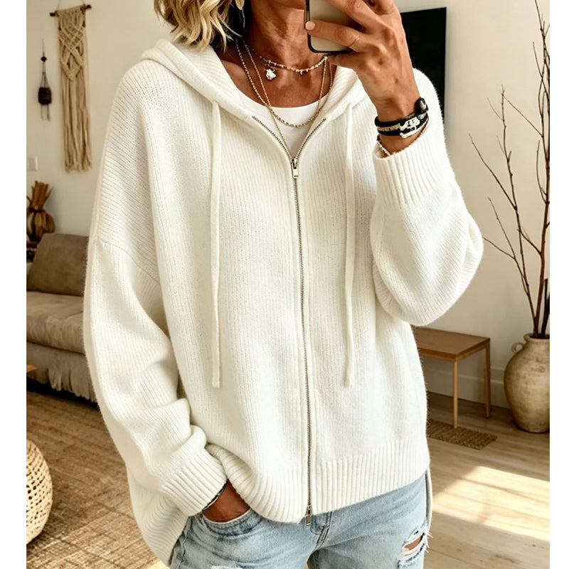 Cardigan en maille à capuche zippé ample pour femme