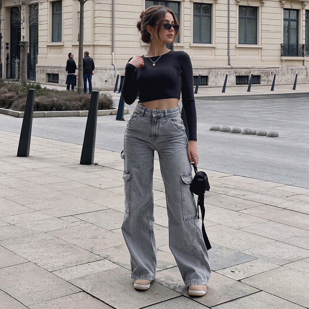 Pantalon cargo en denim stretch taille haute pour femme