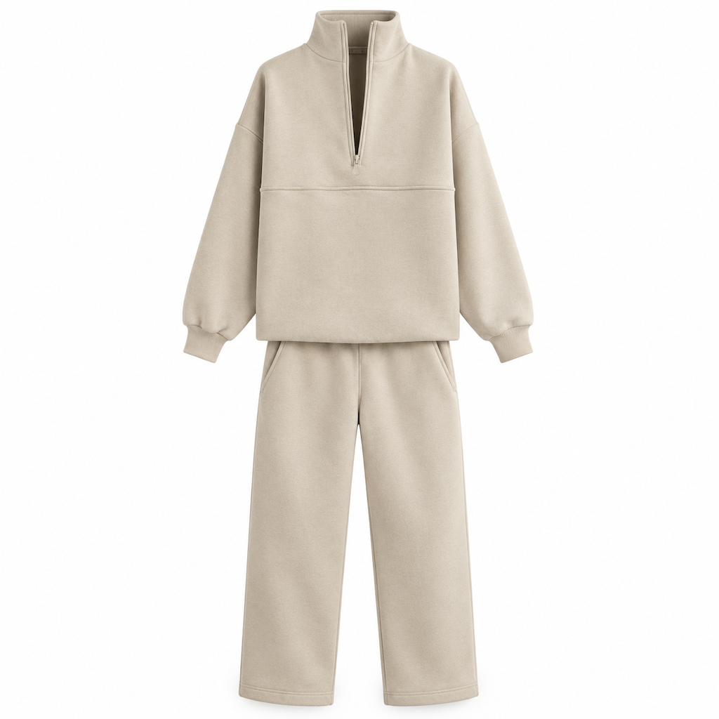 Ensemble pantalon deux pièces décontracté, couleur unie, haut à col rabattu zippé et pantalon long tenue pour l'automne et l'hiver