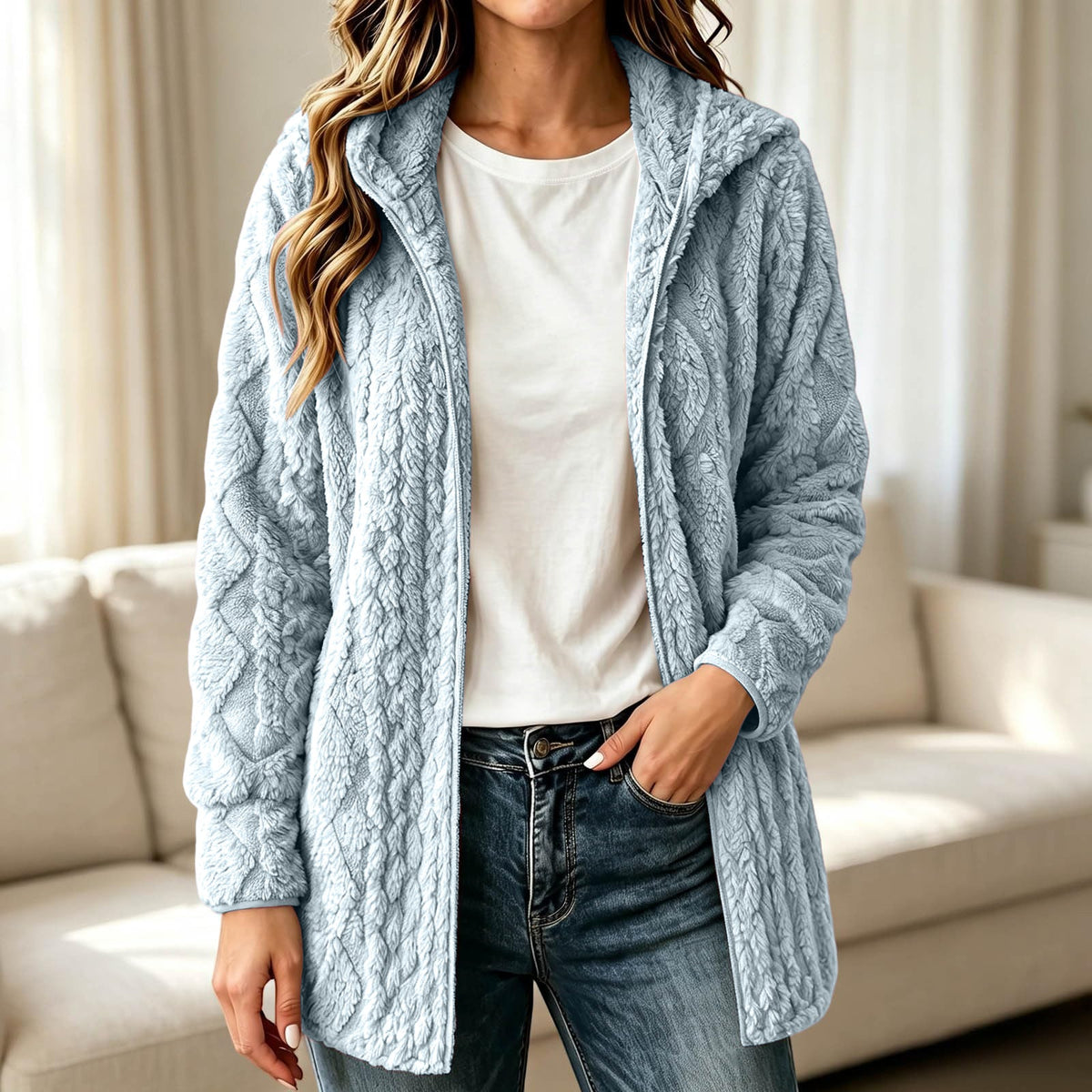 Manteau cardigan à capuche pelucheux décontracté pour femme