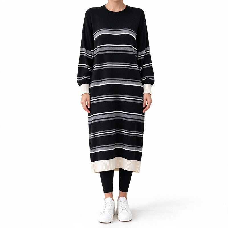 ✨ Robe pull femme en maille rayée à manches longues : facile à porter, esprit décontracté 🧶