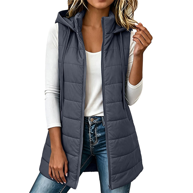 ✨ Gilet matelassé mi-long à capuche pour femme : facile à porter au quotidien 🧥