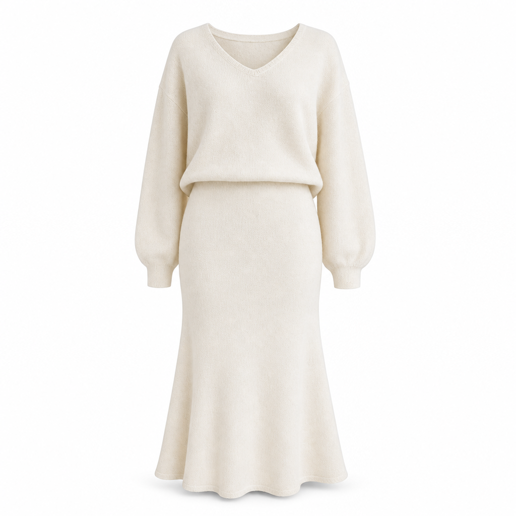Ensemble deux pièces élégant: haut en maille col V et manches chauve-souris + jupe mi-longue