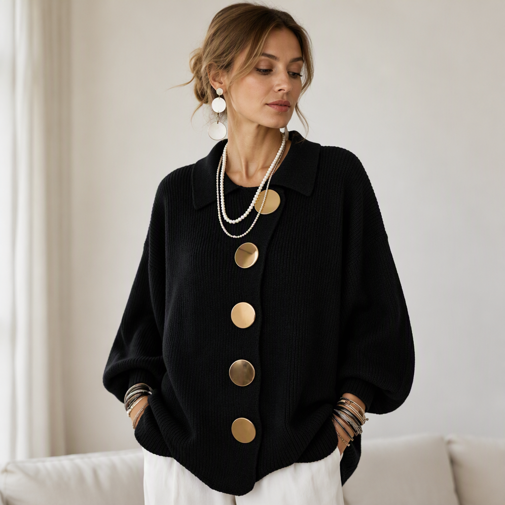 Gilet en maille élégant à col revers pour femme avec boutons dorés