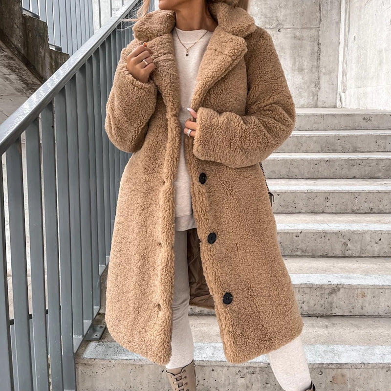 Manteau d'hiver chaud en peluche pour femme, à col tailleur et boutons pression