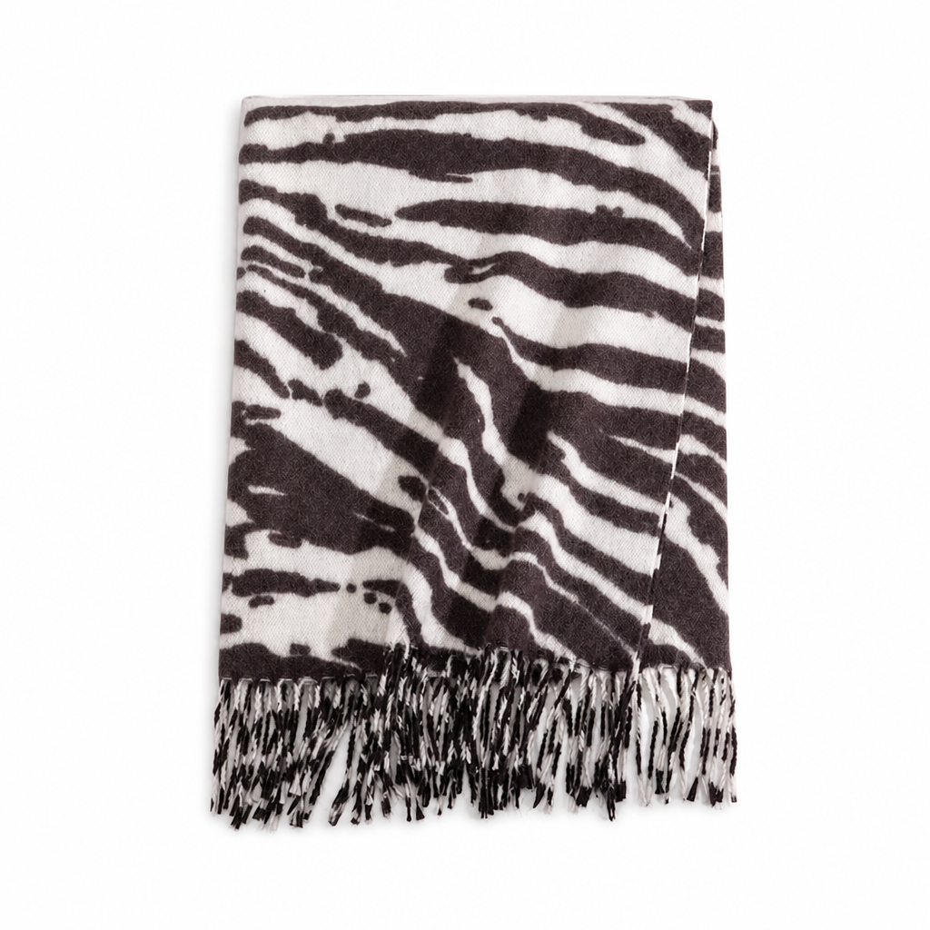 Foulard en fausse cachemire à imprimé zébré pour femmes, châle et écharpe d'hiver épais et chauds avec pompons