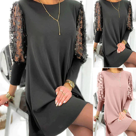 Robe Unie à Col Rond et Manches Bouffantes