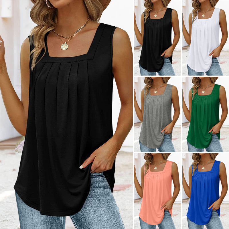 📢👚 PROMO FLASH 50% ! Débardeur Sans Manches à Col Carré – Tissu Doux, Plis Devant, Coupe Ample, 6 Coloris, Tailles S-2XL, Idéal Quotidien & Plage ✨