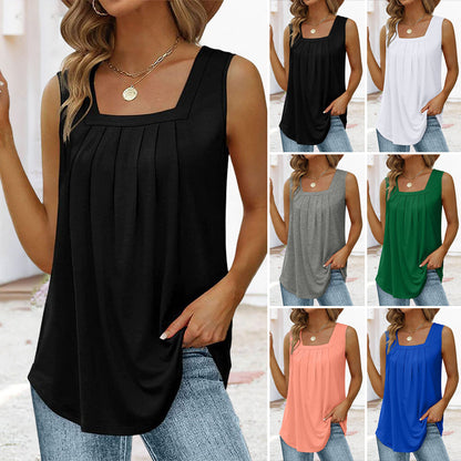 📢👚 PROMO FLASH 50% ! Débardeur Sans Manches à Col Carré – Tissu Doux, Plis Devant, Coupe Ample, 6 Coloris, Tailles S-2XL, Idéal Quotidien & Plage ✨