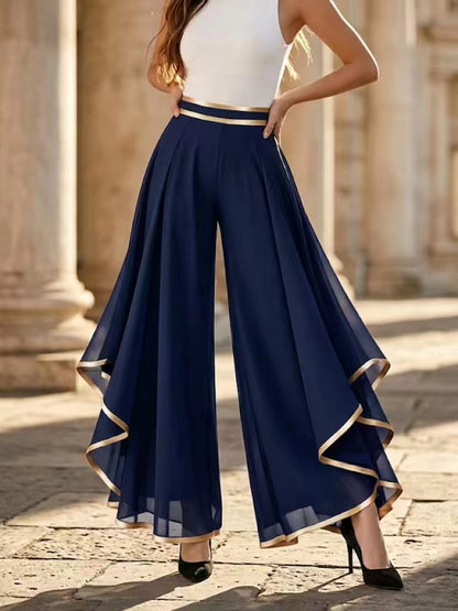 👖 55% DE RÉDUCTION LIMITÉE ! ✨ Pantalon large pour femme – Fluide, passepoil doré, élégant, polyvalent 🍂