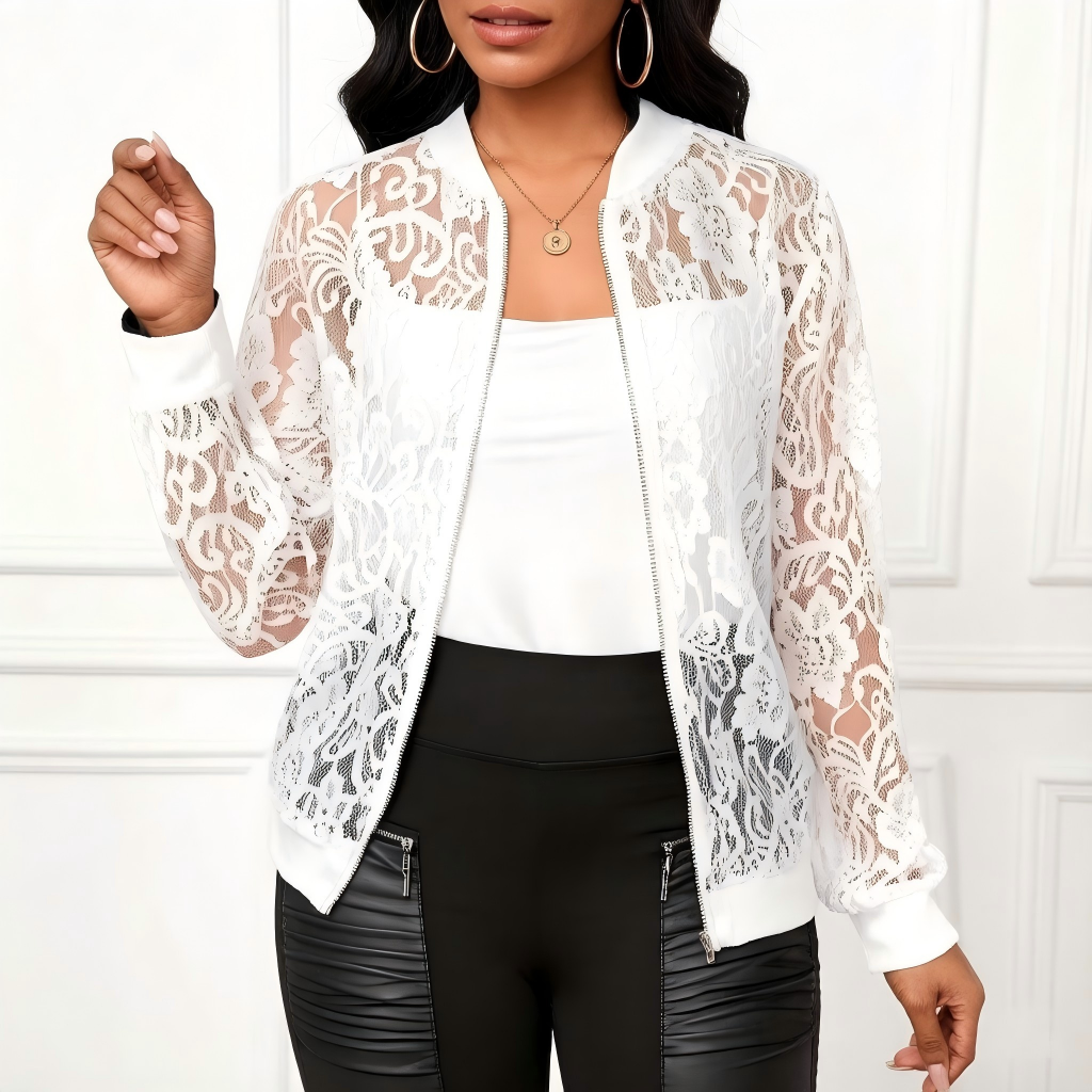 Veste légère à fermeture éclair en dentelle pour femme