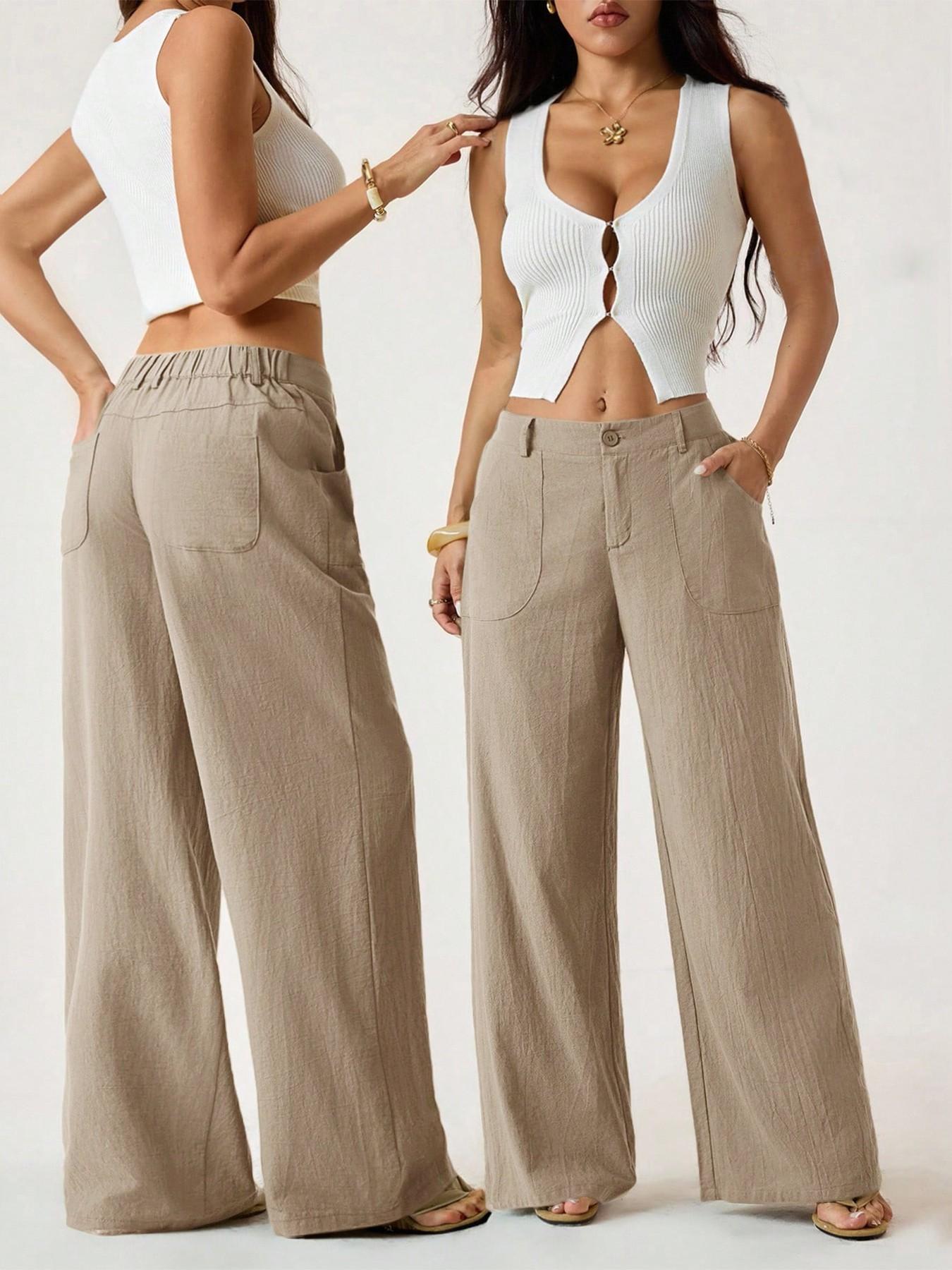 Pantalon large pour femme, avec poches et taille haute