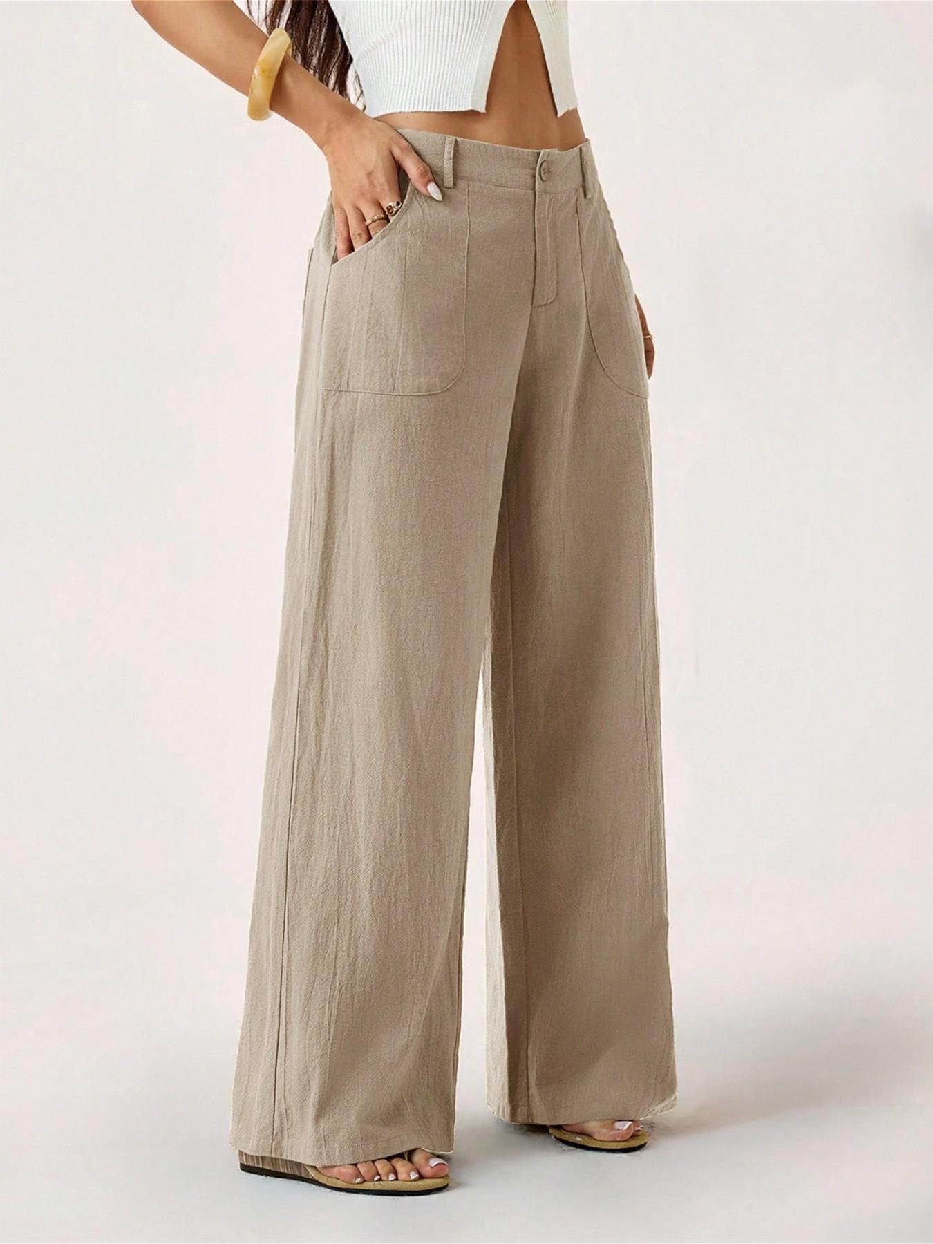 Pantalon large pour femme, avec poches et taille haute