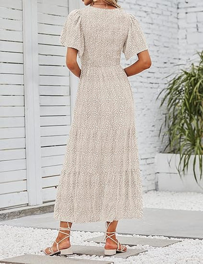 ⏰Promotion exceptionnelle : 50 % de réduction👗Robe longue fluide pour femme, style décontracté, à imprimé floral, manches flottantes, smockée et taille haute