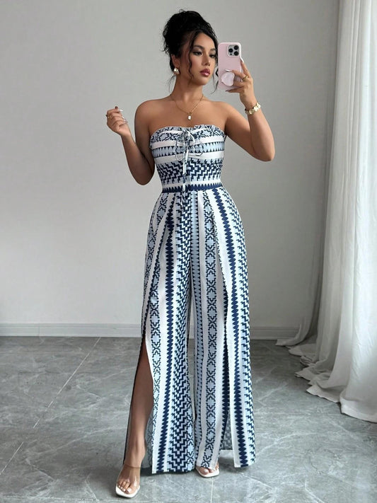 👗 PROMO LIMITÉE 50% DE RÉDUCTION ! 💥 Combinaison Motifs Géométriques – Encolure Dos Nu, Fente Latérale, Polyvalente ✨