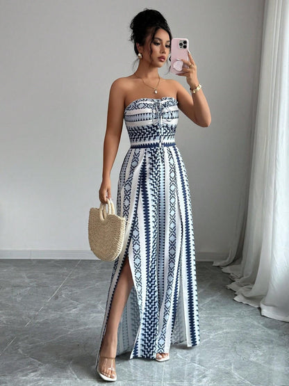👗 PROMO LIMITÉE 50% DE RÉDUCTION ! 💥 Combinaison Motifs Géométriques – Encolure Dos Nu, Fente Latérale, Polyvalente ✨