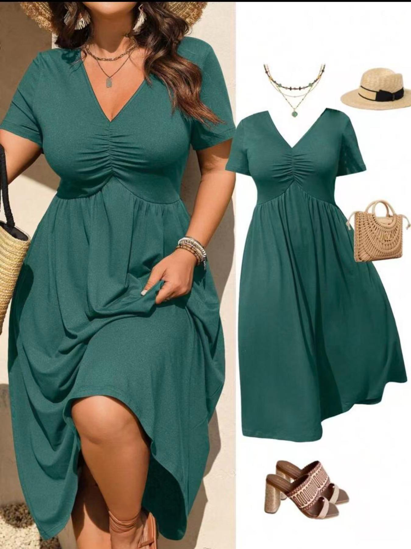 Robe midi grande taille à col V avec volants et manches courtes