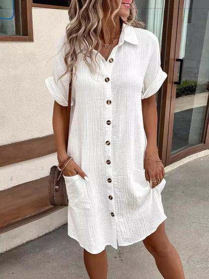 🔥Vente chaude🔥Robe chemise boutonnée à manches courtes et à poches pour femmes