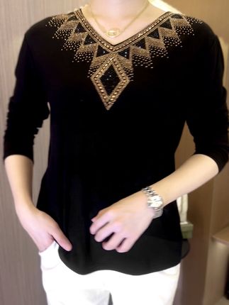 🌹Achetez-en deux et bénéficiez d'une livraison gratuite🔥[M-4XL] 2024 Quality Winter Rhinestone Velvet Long Sleeve T Shirt