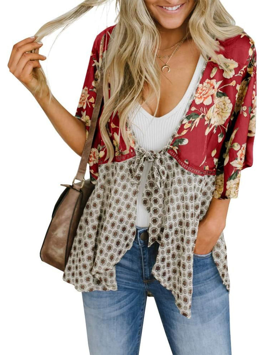 Cardigan pour Femme à Motif Floral avec Manches à Volants et Nœud