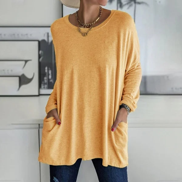 🔥50% DE RÉDUCTION🔥 T-shirt ample femme à manches longues et col rond – Confortable et stylé 👕✨