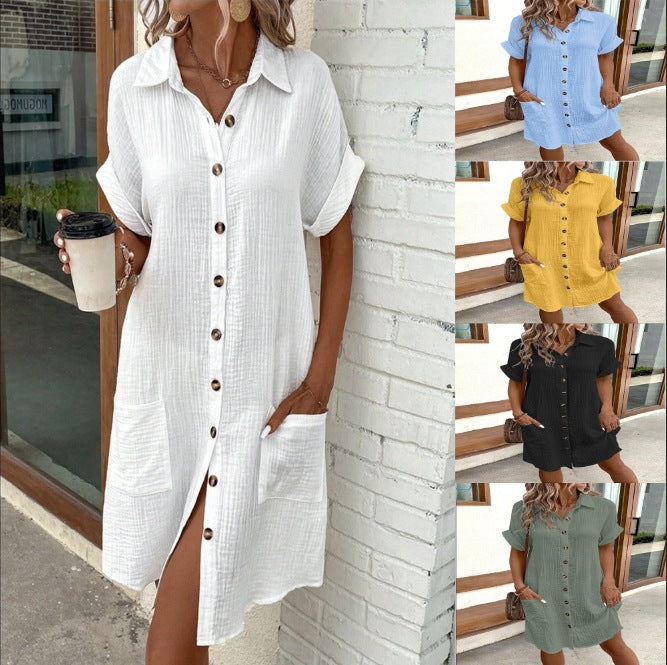 🔥Vente chaude🔥Robe chemise boutonnée à manches courtes et à poches pour femmes